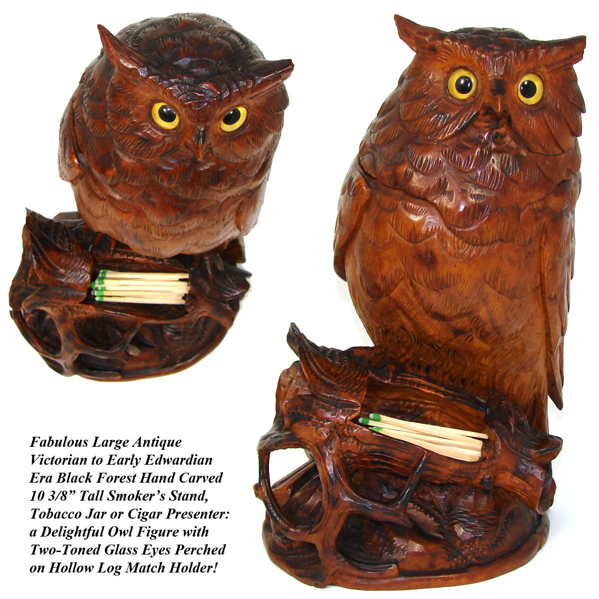 Antique Black Forest 10.5" Tall Owl Figure, a Tobacco or Smoker’s Caddy & Match Holder, Pipe or Cigar