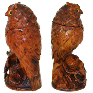 Antique Black Forest 10.5" Tall Owl Figure, a Tobacco or Smoker’s Caddy & Match Holder, Pipe or Cigar