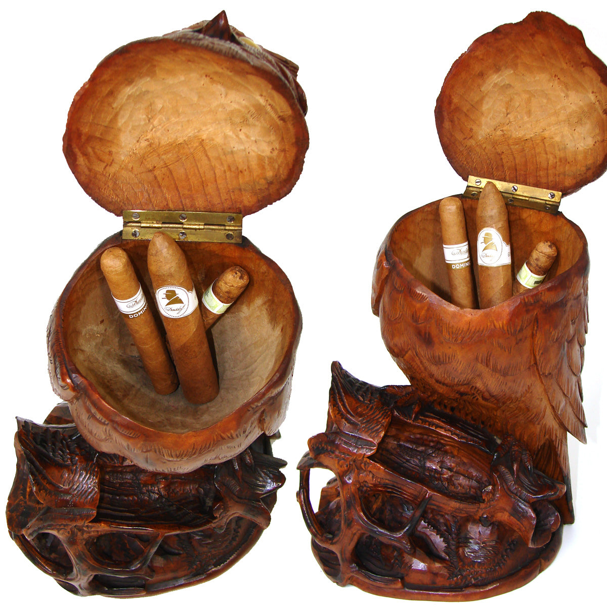 Antique Black Forest 10.5" Tall Owl Figure, a Tobacco or Smoker’s Caddy & Match Holder, Pipe or Cigar