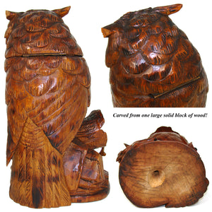 Antique Black Forest 10.5" Tall Owl Figure, a Tobacco or Smoker’s Caddy & Match Holder, Pipe or Cigar