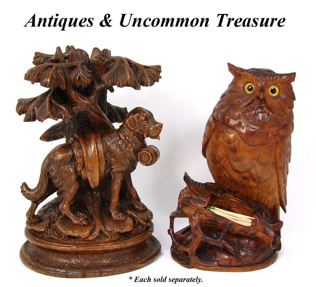 Antique Black Forest 10.5" Tall Owl Figure, a Tobacco or Smoker’s Caddy & Match Holder, Pipe or Cigar