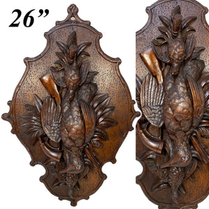 Antique Black Forest Carved 26" Wall Plaque, Superb "Fruits of the Hunt" Theme Game Birds & Foliage