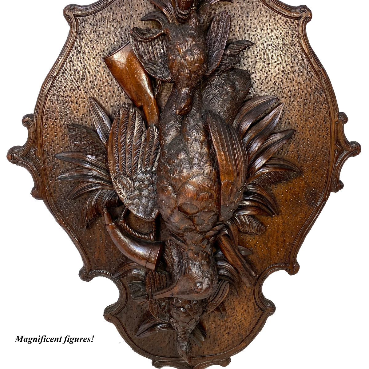 Antique Black Forest Carved 26" Wall Plaque, Superb "Fruits of the Hunt" Theme Game Birds & Foliage