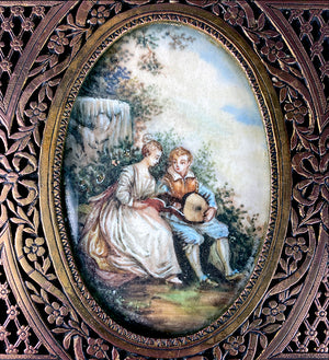 Antique French Cutaway Bronze Jewelry Box with Portrait Miniature Painting after Boucher