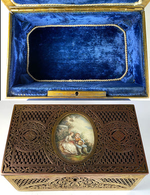 Antique French Cutaway Bronze Jewelry Box with Portrait Miniature Painting after Boucher