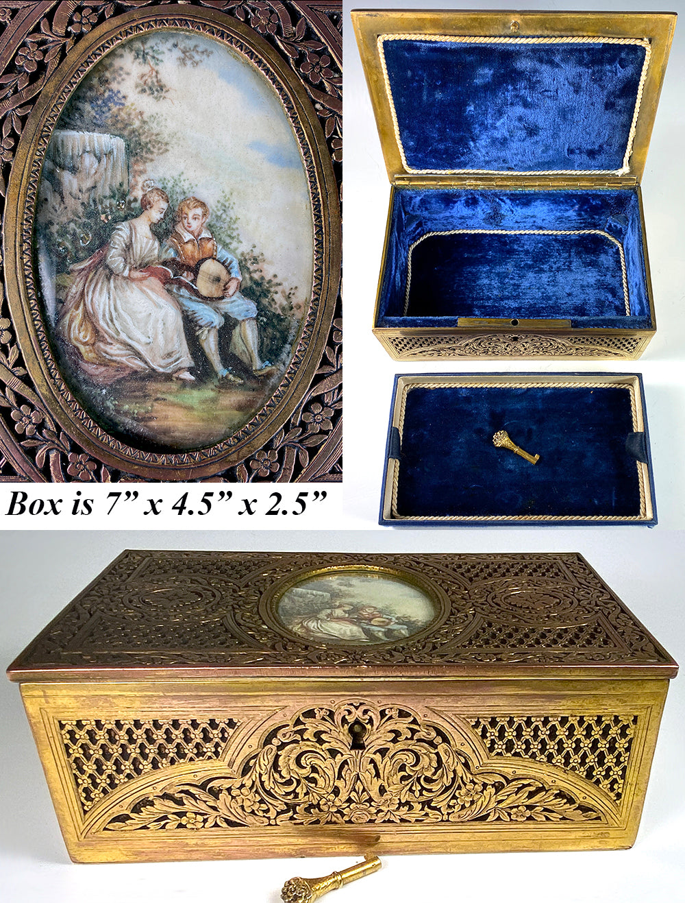 Antique French Cutaway Bronze Jewelry Box with Portrait Miniature Painting after Boucher