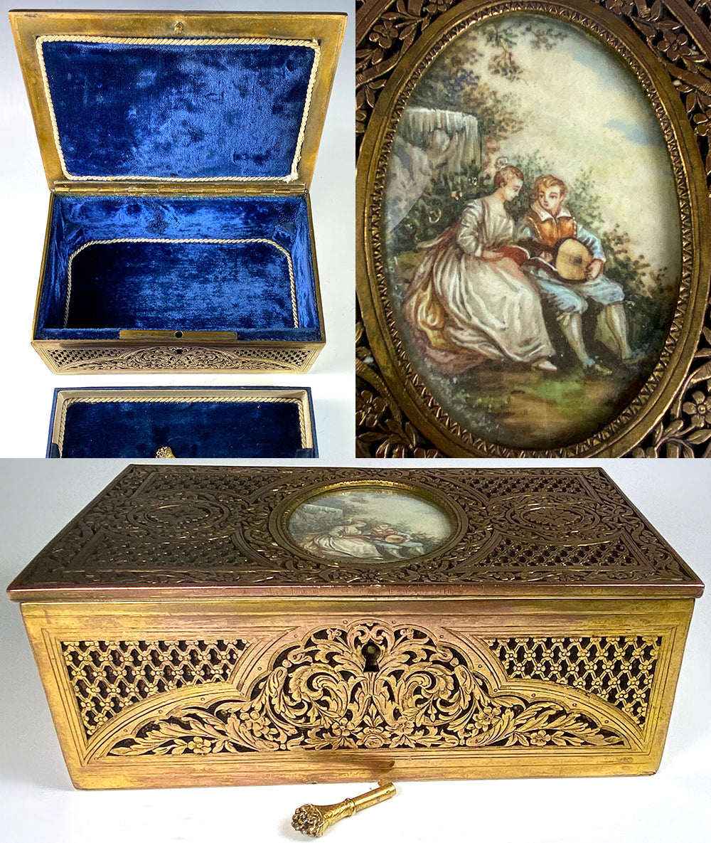 Antique French Cutaway Bronze Jewelry Box with Portrait Miniature Painting after Boucher