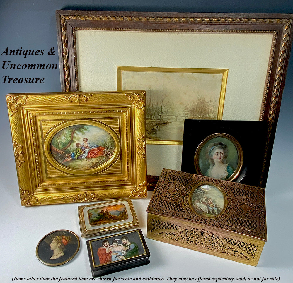 Antique French Cutaway Bronze Jewelry Box with Portrait Miniature Painting after Boucher