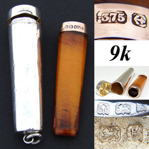 Antique English Hallmarked 9k Gold & Amber Cigar Holder in Sterling Silver Case, Etui, 2 3/8"