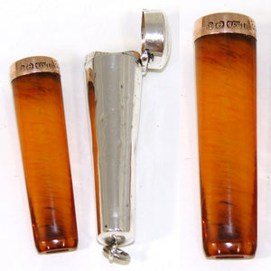 Antique English Hallmarked 9k Gold & Amber Cigar Holder in Sterling Silver Case, Etui, 2 3/8"