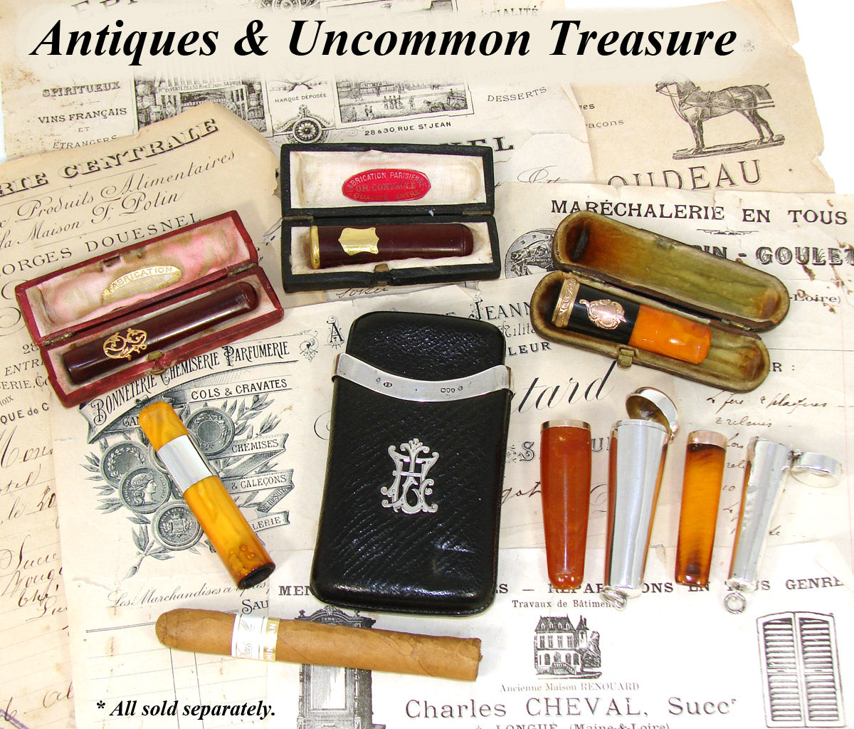 Antique English Hallmarked 9k Gold & Amber Cigar Holder in Sterling Silver Case, Etui, 2 3/8"