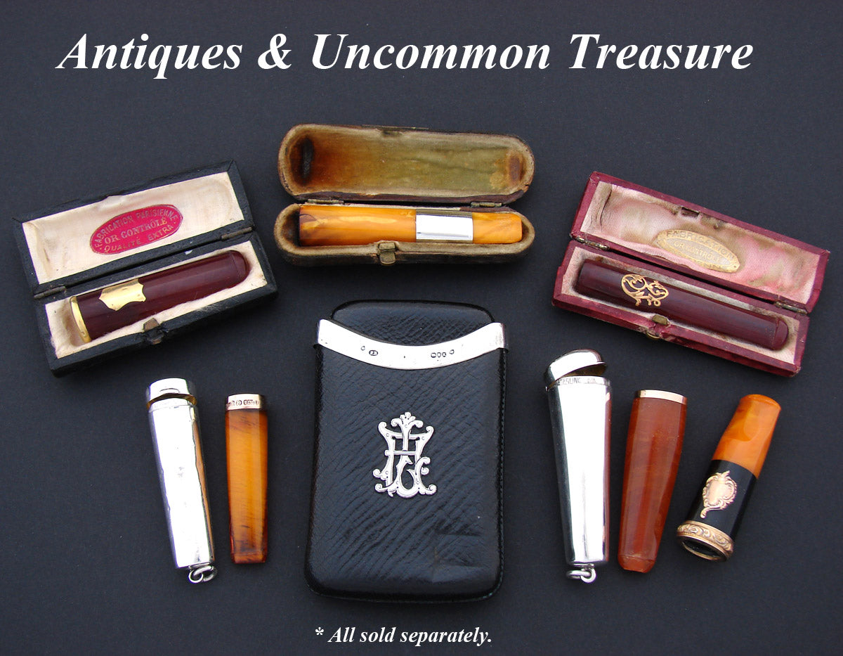Antique English Hallmarked 9k Gold & Amber Cigar Holder in Sterling Silver Case, Etui, 2 3/8"