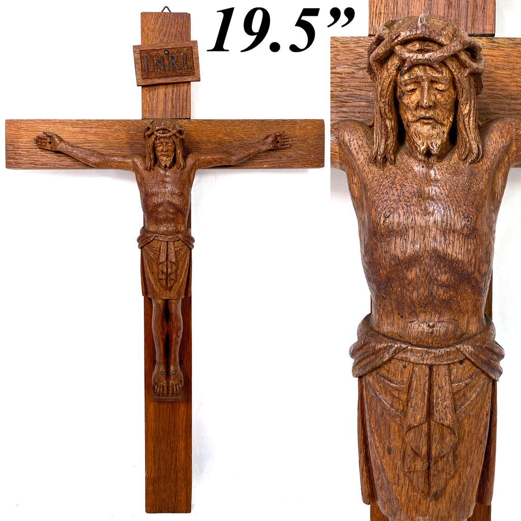 Antique French Carved Oak Religious Sculpture, Medieval Style Christ Corpus, 19.5" Cross
