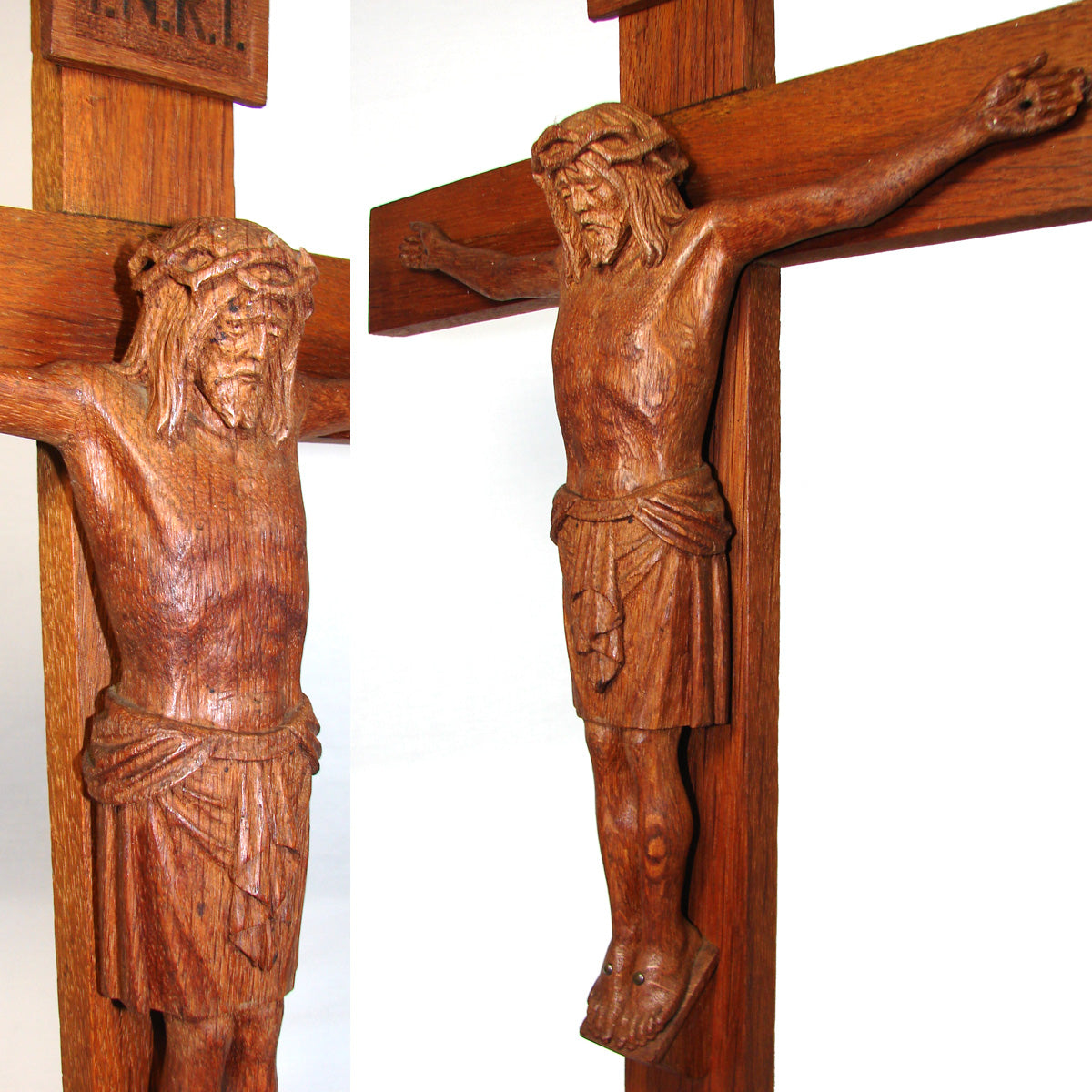 Antique French Carved Oak Religious Sculpture, Medieval Style Christ Corpus, 19.5" Cross