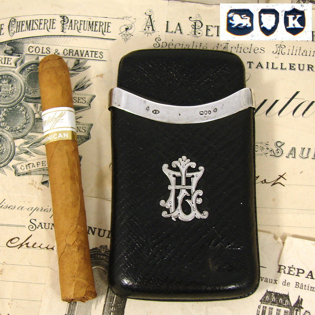 Antique English Cigar Case, Sliding Black Leather with Hallmarked Sterling Silver, Victorian