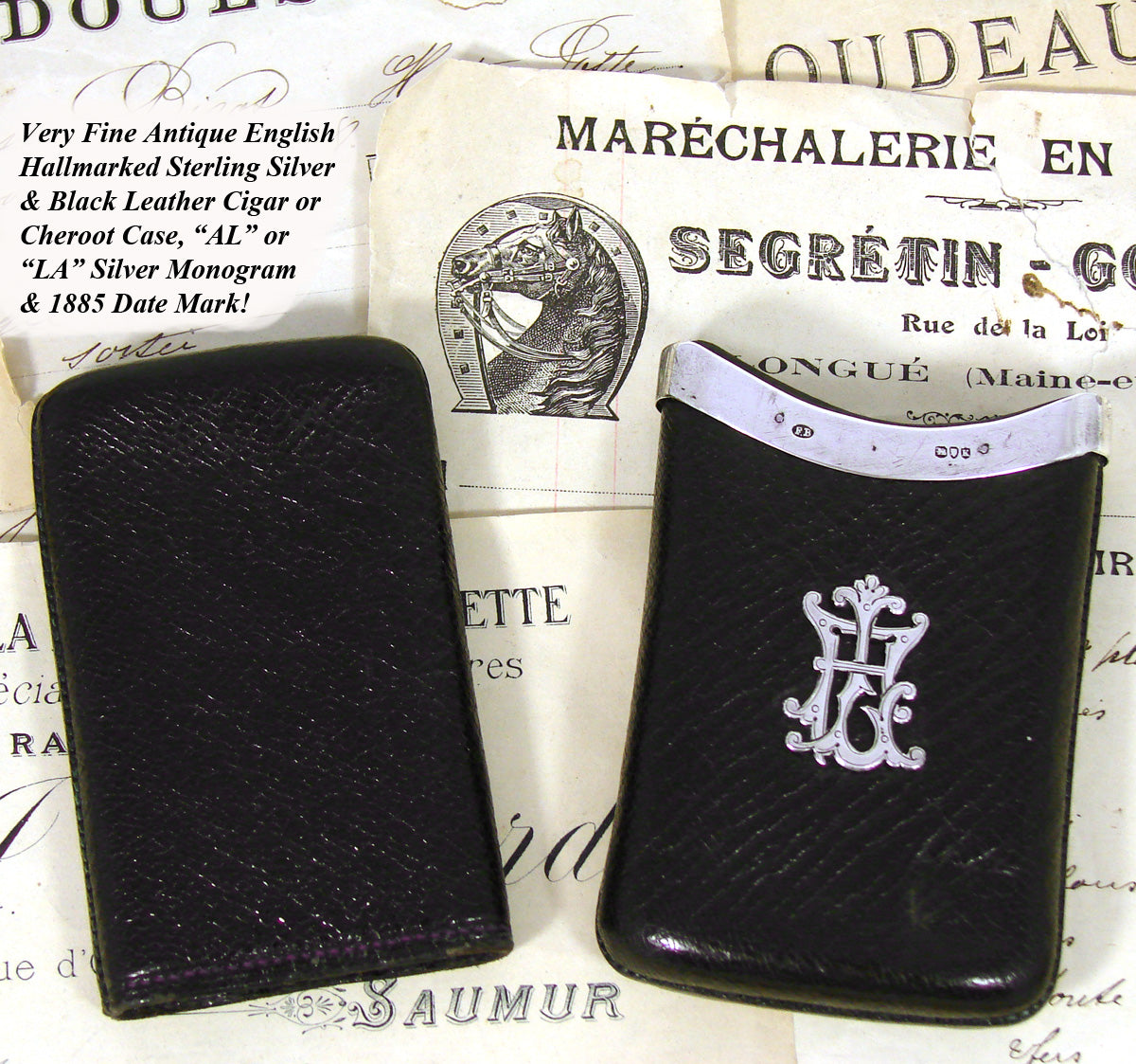 Antique English Cigar Case, Sliding Black Leather with Hallmarked Sterling Silver, Victorian