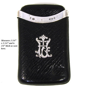 Antique English Cigar Case, Sliding Black Leather with Hallmarked Sterling Silver, Victorian