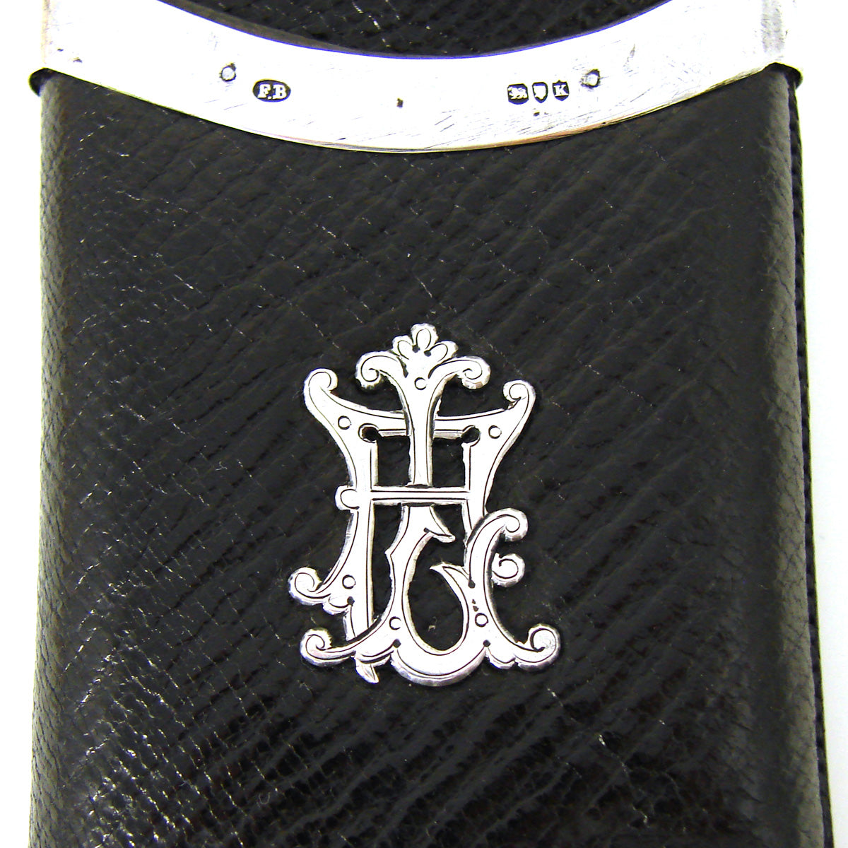 Antique English Cigar Case, Sliding Black Leather with Hallmarked Sterling Silver, Victorian