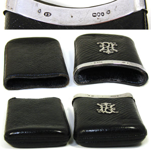 Antique English Cigar Case, Sliding Black Leather with Hallmarked Sterling Silver, Victorian