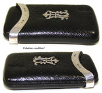 Antique English Cigar Case, Sliding Black Leather with Hallmarked Sterling Silver, Victorian