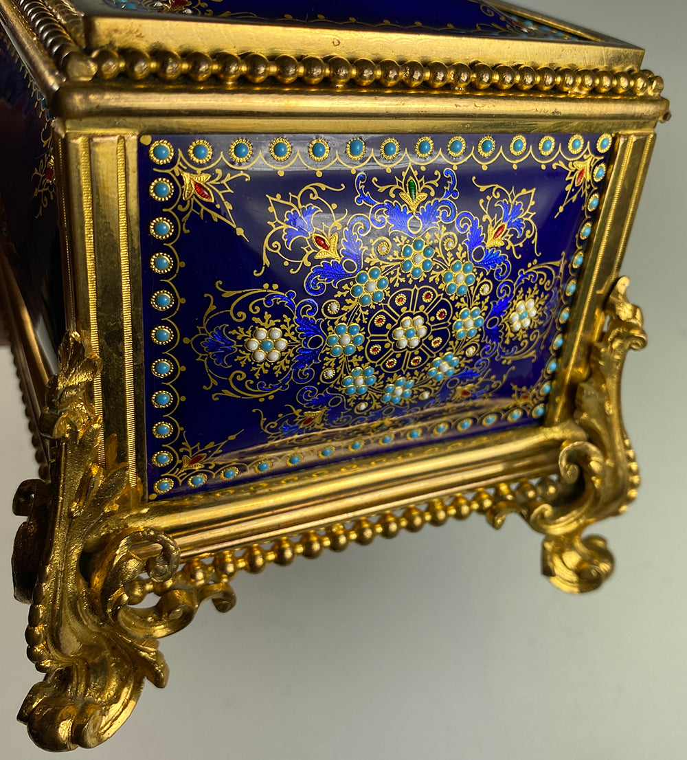 HUGE 12" Antique French Kiln-fired Enamel Jewelry or Glove Box, Casket, Flawless!