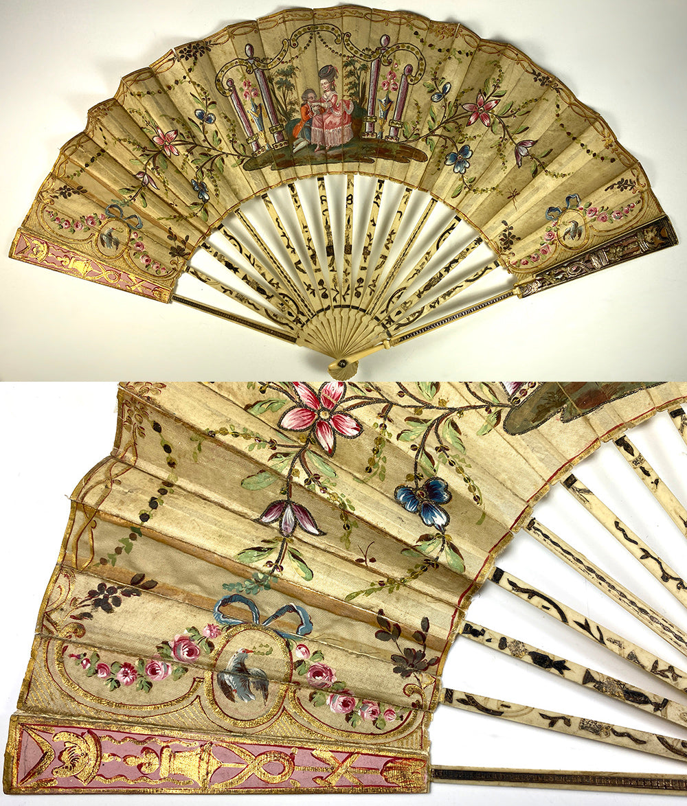 Antique 18th c. 27cm French Hand Fan, Gold Sequin and Pique on Guards, Sticks, Painting