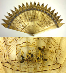 Rare Antique French Empire Hand Fan, c.1810-25, Blackamoors, Boat, Exotic Birds, 19cm