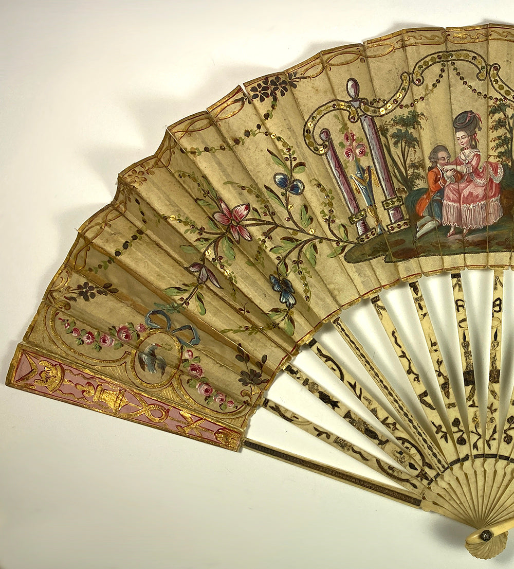 Antique 18th c. 27cm French Hand Fan, Gold Sequin and Pique on Guards, Sticks, Painting