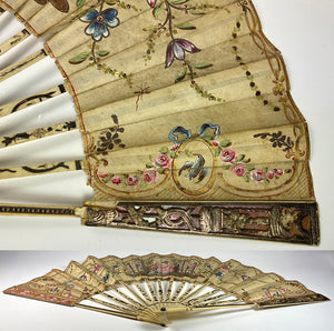 Antique 18th c. 27cm French Hand Fan, Gold Sequin and Pique on Guards, Sticks, Painting