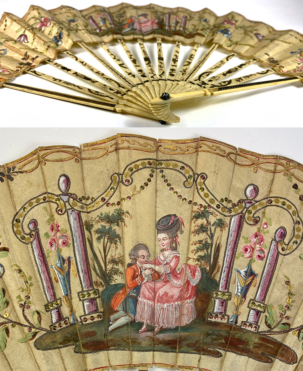 Antique 18th c. 27cm French Hand Fan, Gold Sequin and Pique on Guards, Sticks, Painting