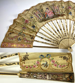 Antique 18th c. 27cm French Hand Fan, Gold Sequin and Pique on Guards, Sticks, Painting