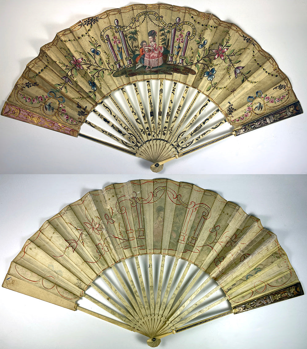 Antique 18th c. 27cm French Hand Fan, Gold Sequin and Pique on Guards, Sticks, Painting