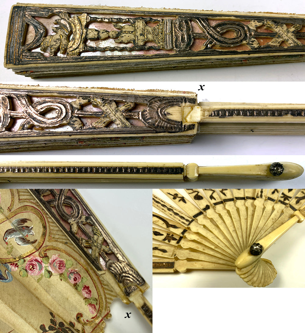 Antique 18th c. 27cm French Hand Fan, Gold Sequin and Pique on Guards, Sticks, Painting