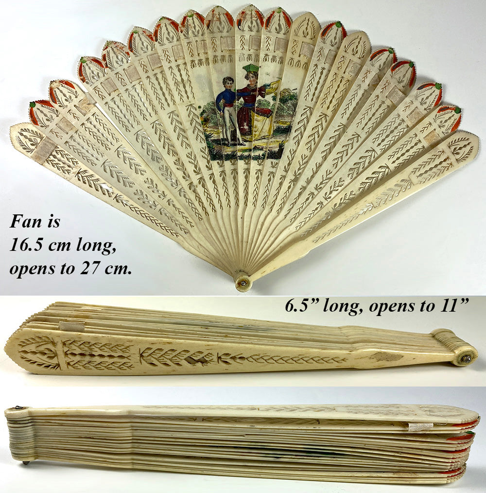 Antique c.1825 French Hand Fan, Perforated Guards, Sticks, Hand Painted Portrait Miniature
