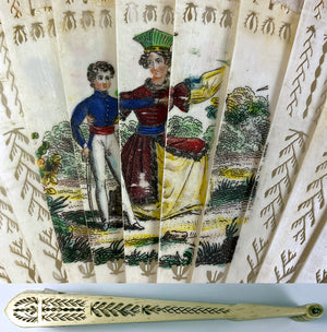 Antique c.1825 French Hand Fan, Perforated Guards, Sticks, Hand Painted Portrait Miniature