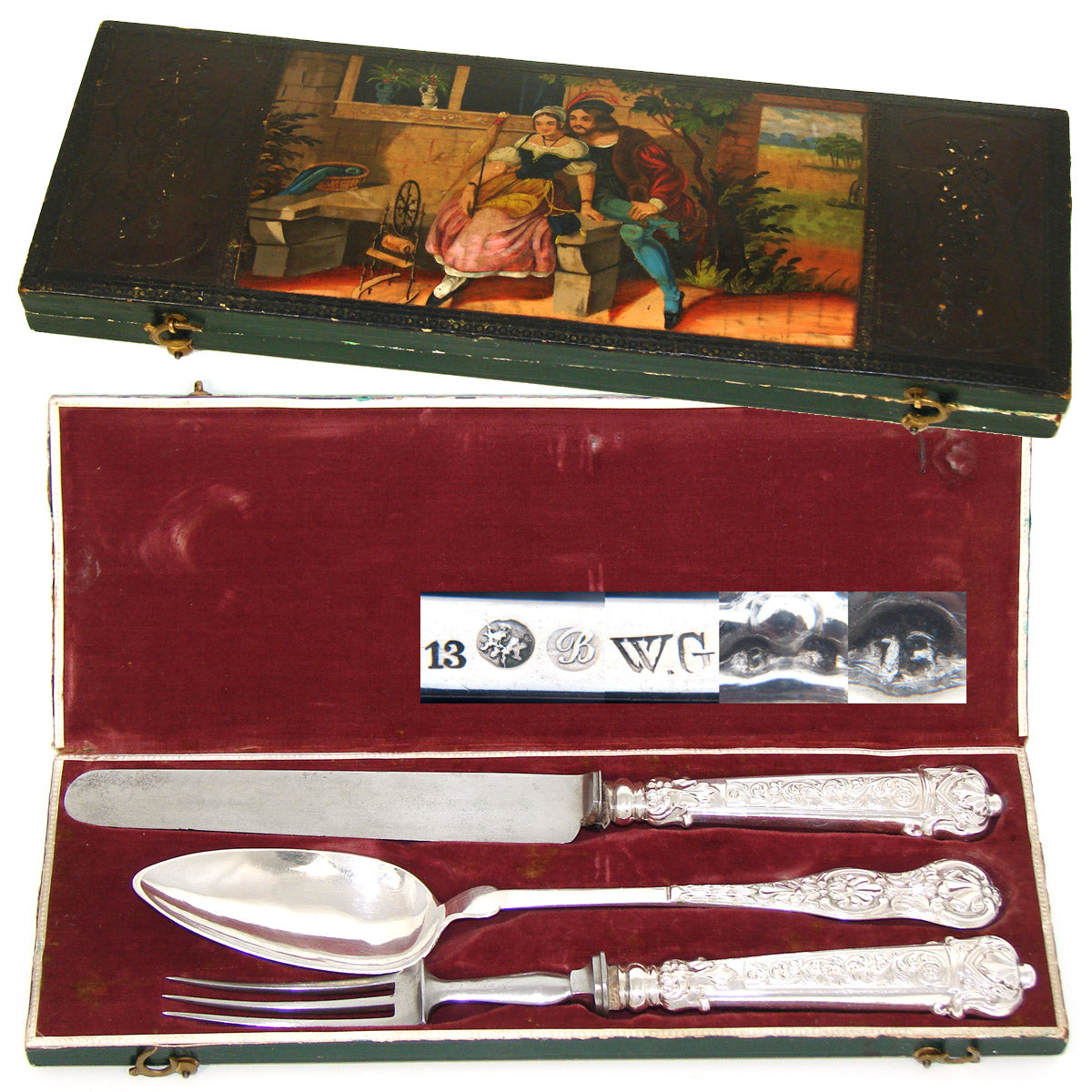 Antique Continental .800 Silver 3pc Dinner Sized Flatware Set for One, Hobwasser Style Figural Box