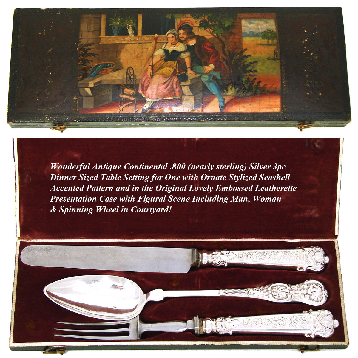 Antique Continental .800 Silver 3pc Dinner Sized Flatware Set for One, Hobwasser Style Figural Box