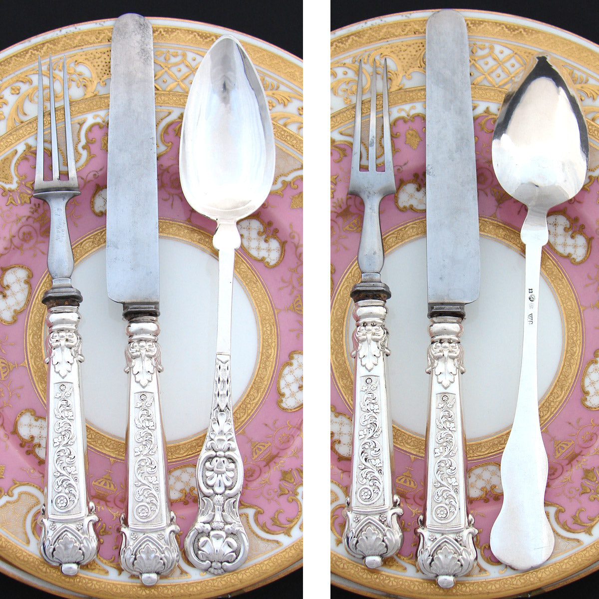 Antique Continental .800 Silver 3pc Dinner Sized Flatware Set for One, Hobwasser Style Figural Box