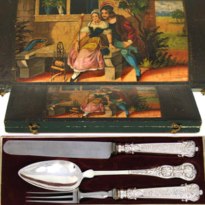 Antique Continental .800 Silver 3pc Dinner Sized Flatware Set for One, Hobwasser Style Figural Box