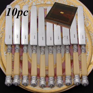 Antique French Sterling Silver & Ivory Handled 10pc Knife Set, Napoleon III Walnut & Brass Inlay Box