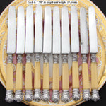 Antique French Sterling Silver & Ivory Handled 10pc Knife Set, Napoleon III Walnut & Brass Inlay Box