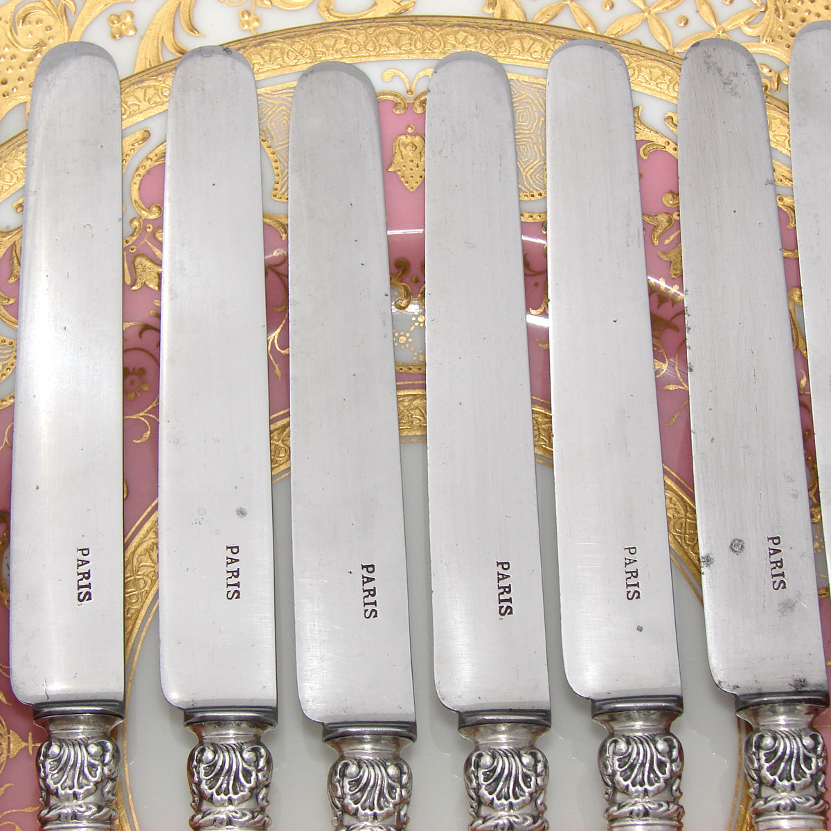 SET OF 12 ANTIQUE WOOD HANDLED KNIVES WITH STERLING BANDS — SAVED NY