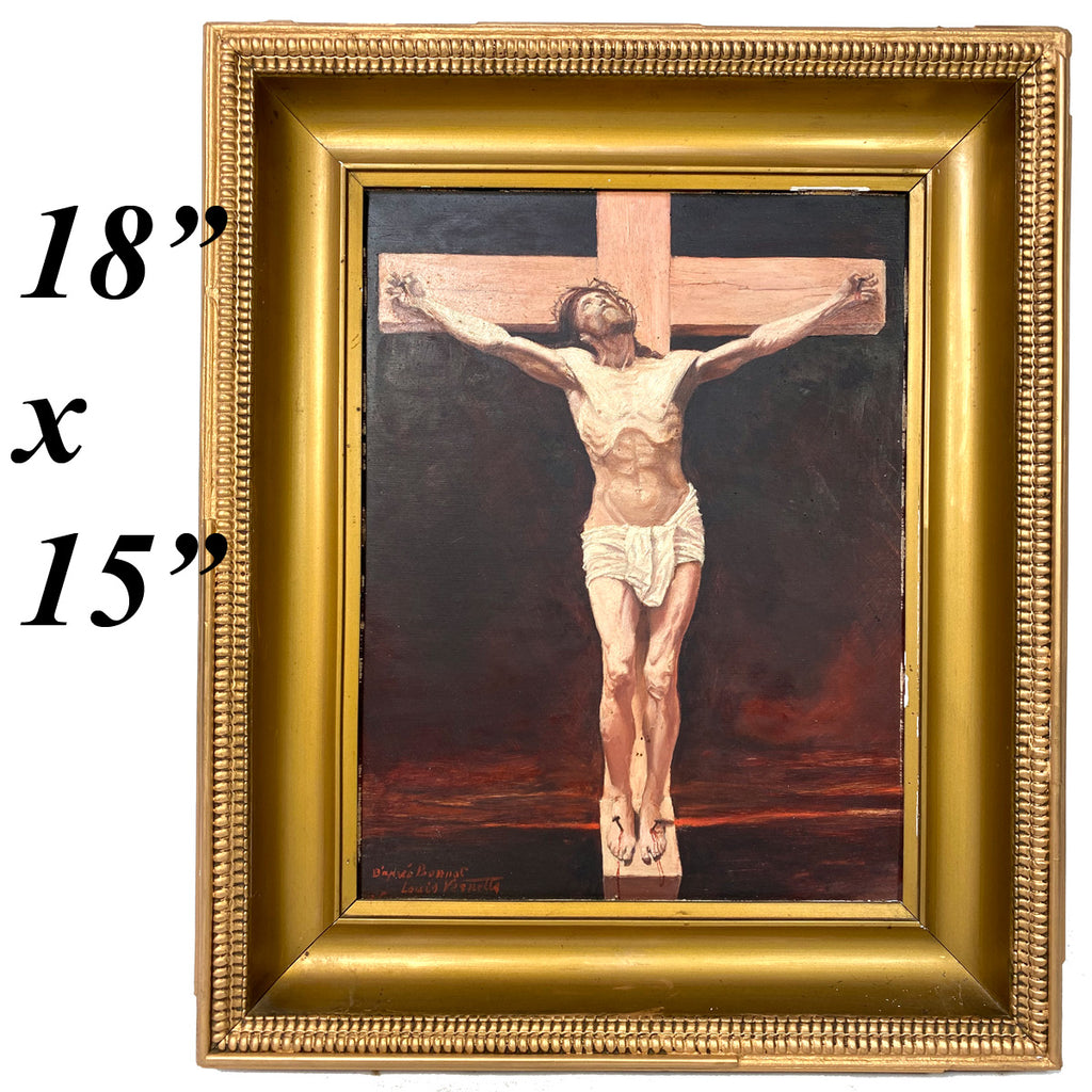 Antique to Vint Oil Painting on Board, Signed Louis Vernette: Christ on Cross, Crucifixion