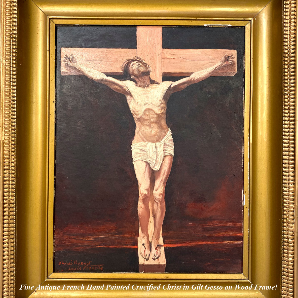 Antique to Vint Oil Painting on Board, Signed Louis Vernette: Christ on Cross, Crucifixion