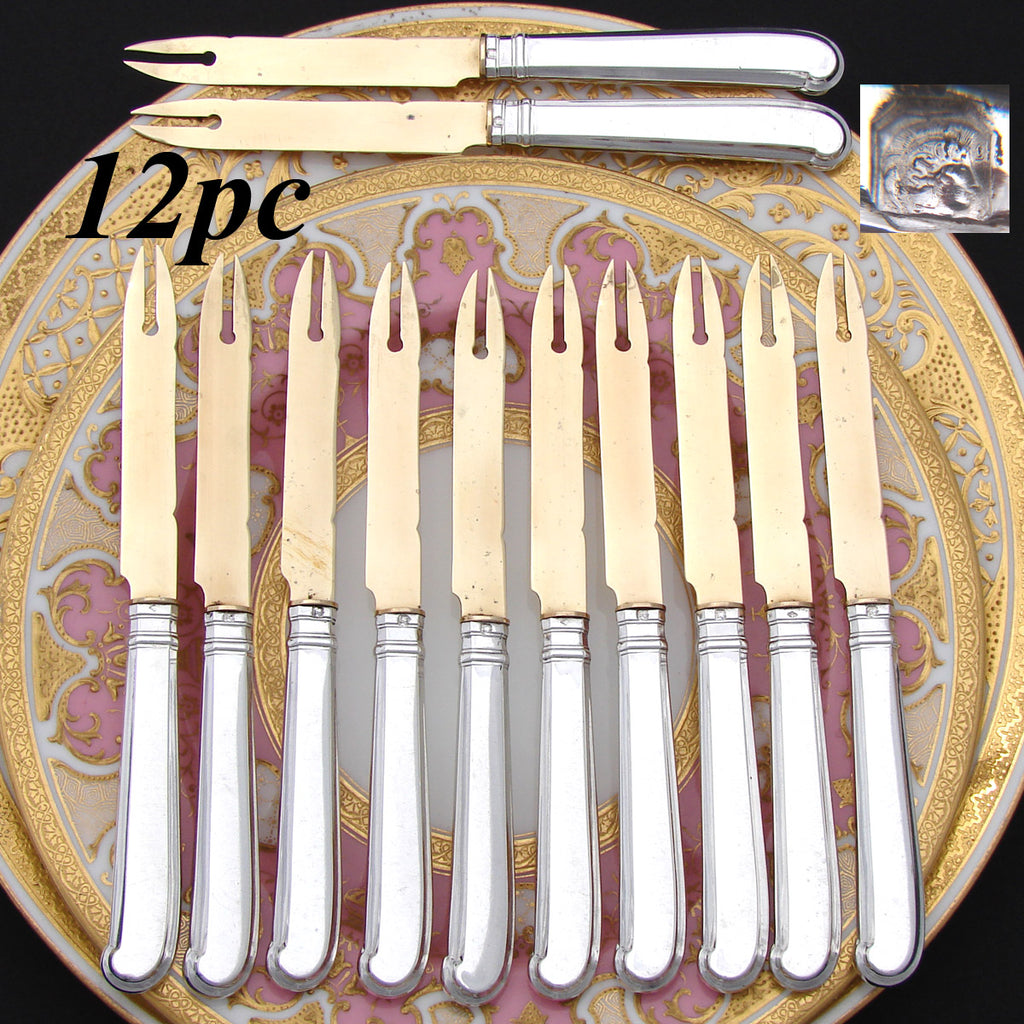 Lovely Vintage French Hallmarked Sterling Silver 12pc Melon Fork or Knife Set, Gilded Blades