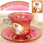 Rare Antique Moser Cranberry Glass Tea Cup & Saucer, Hand Painted Portrait of Woman with Book
