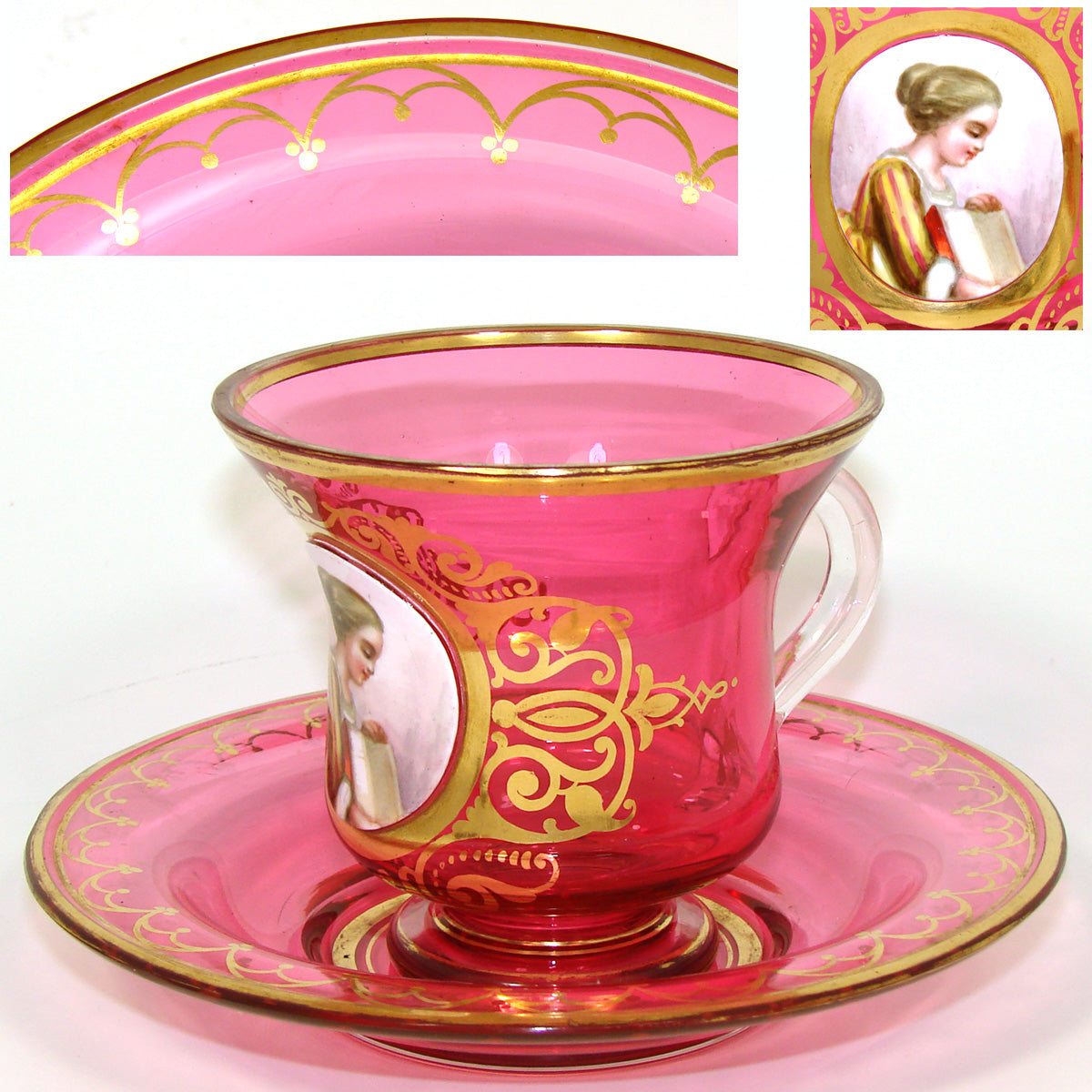 Rare Antique Moser Cranberry Glass Tea Cup & Saucer, Hand Painted Port –  Antiques & Uncommon Treasure
