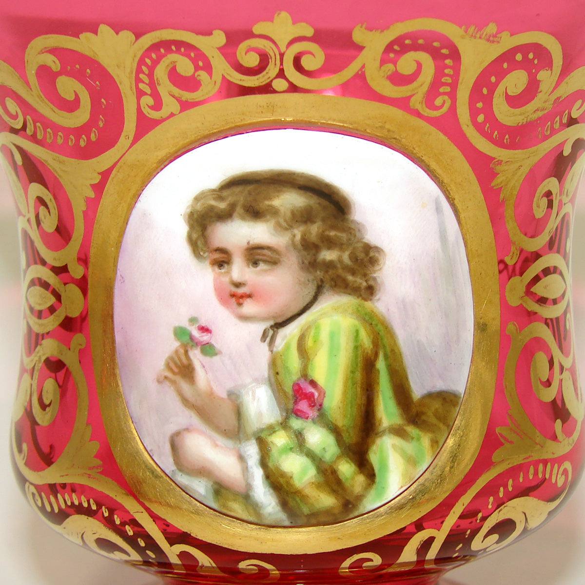 Rare Antique Moser Cranberry Glass Tea Cup & Saucer, Hand Painted Portrait of Child with Flowers