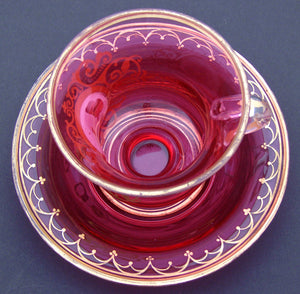 Rare Antique Moser Cranberry Glass Tea Cup & Saucer, Hand Painted Portrait of Child with Flowers