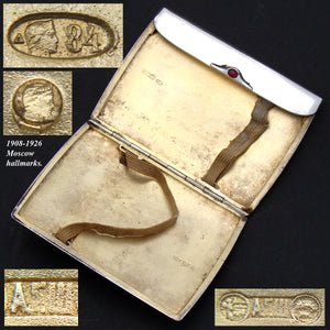 Elegant Antique Russian Hallmarked Silver Cigarette or Card Case, Jeweled Clasp